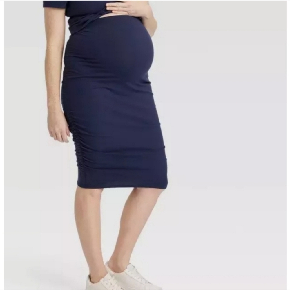 Isabel Maternity Ruched Stretchy Pencil Skirt Blue Knee-Length Size S